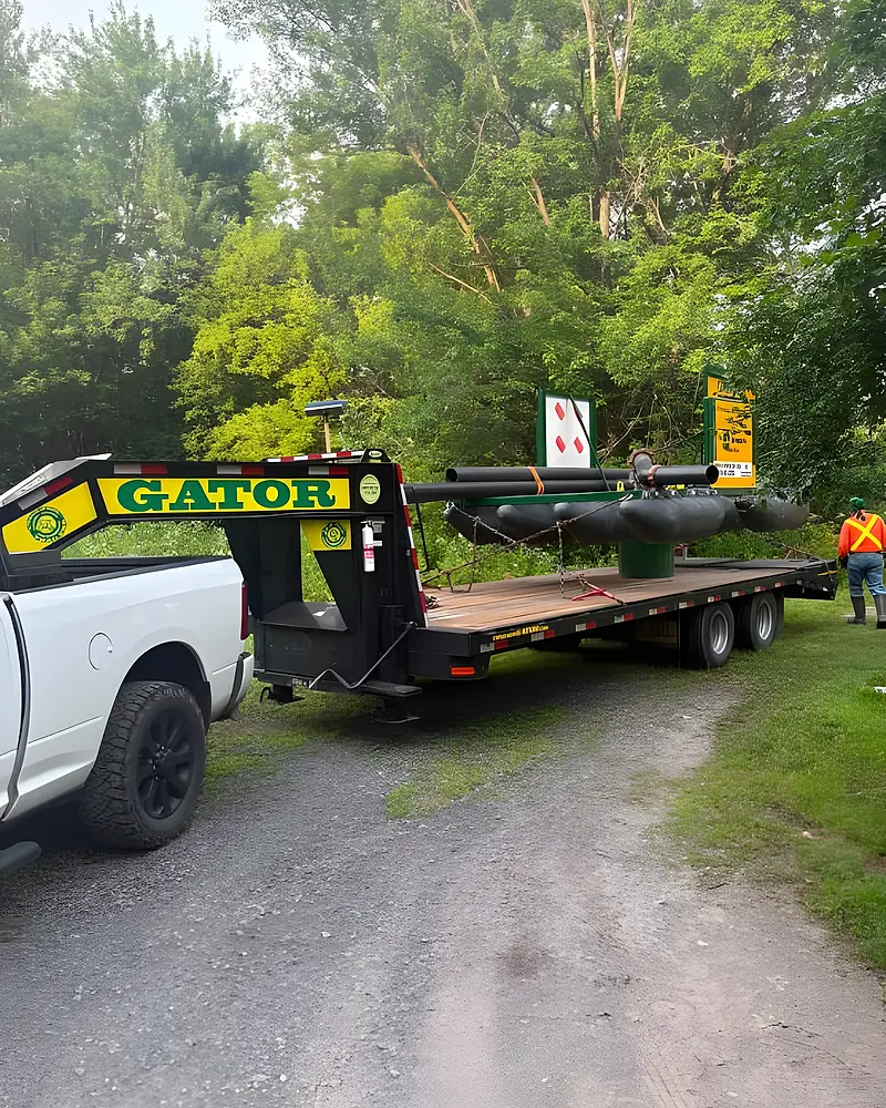 Conduites d'acier arrimées sur la remorque à col de cygne de l'Entreprise SME, prêtes à partir